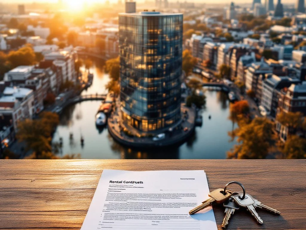 Luchtfoto Amsterdam grachten met moderne kantoren, sleutels en huurcontract op bureau voor vastgoedverhuur