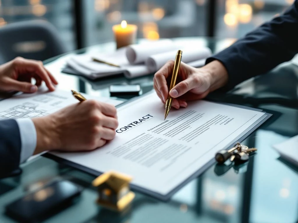 Hands reaching across commercial lease contract on glass conference table with golden pen, property keys, and blueprints nearby