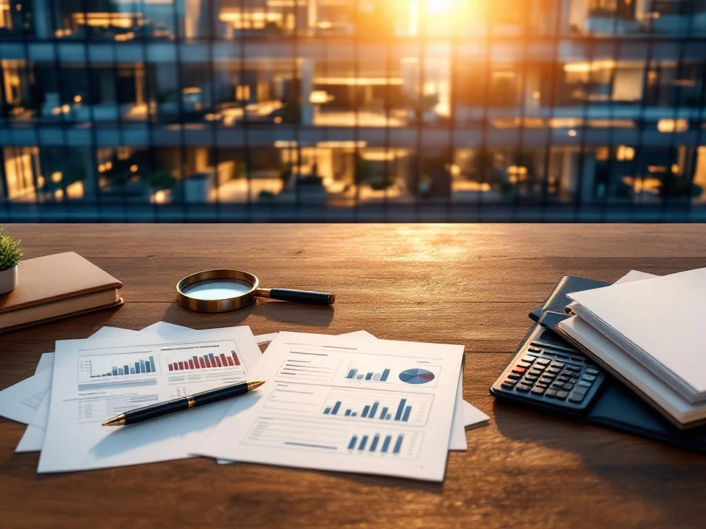 Modern glass office building aerial view with tenant evaluation documents, calculator, and magnifying glass on wooden desk