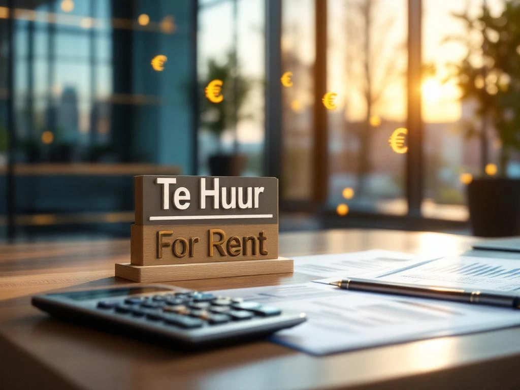 Glazen kantoorgebouw met "Te Huur" bord, rekenmachine en waarderingsdocumenten op bureau met euro symbolen