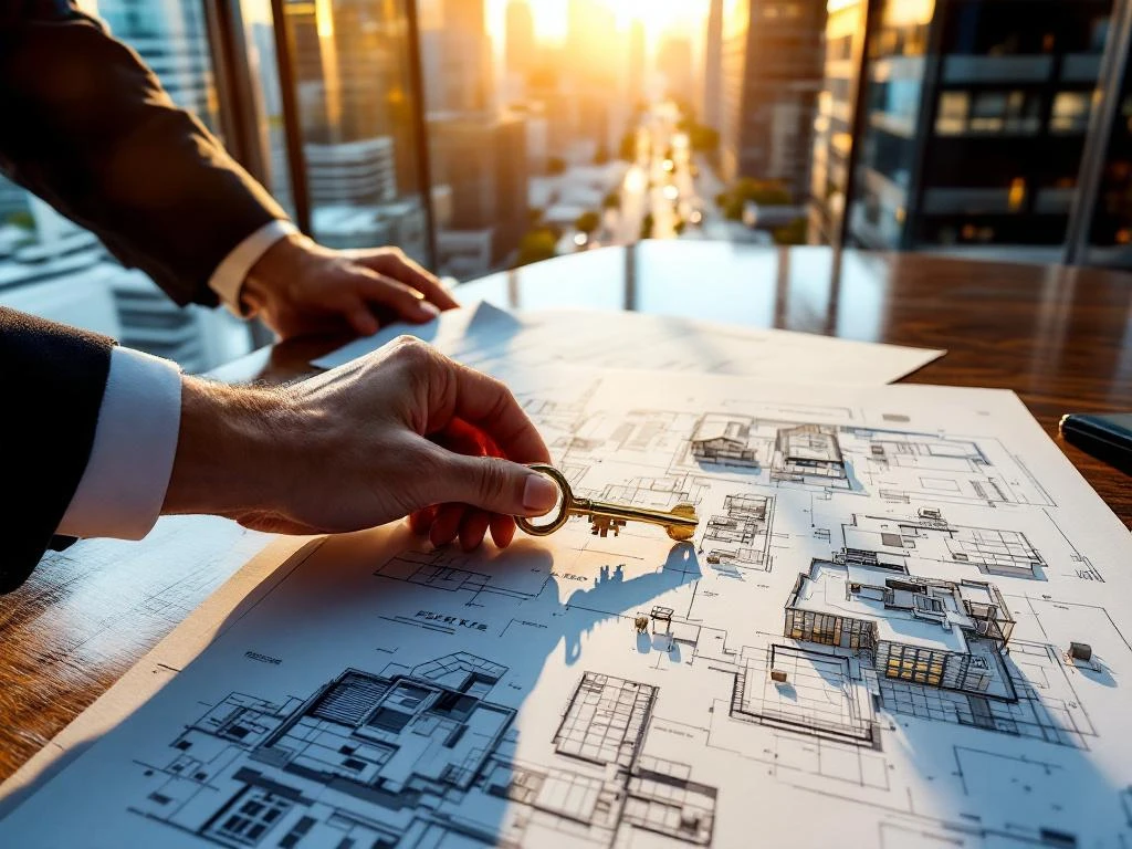 Real estate broker placing golden key on architectural blueprint at mahogany desk with modern glass office building aerial view
