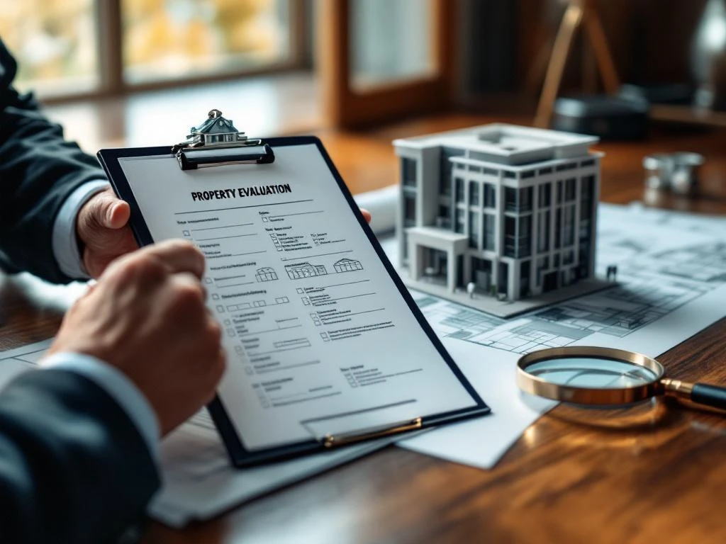 Rental agent hands holding property evaluation checklist over blueprints on wooden desk with building model and magnifying glass.