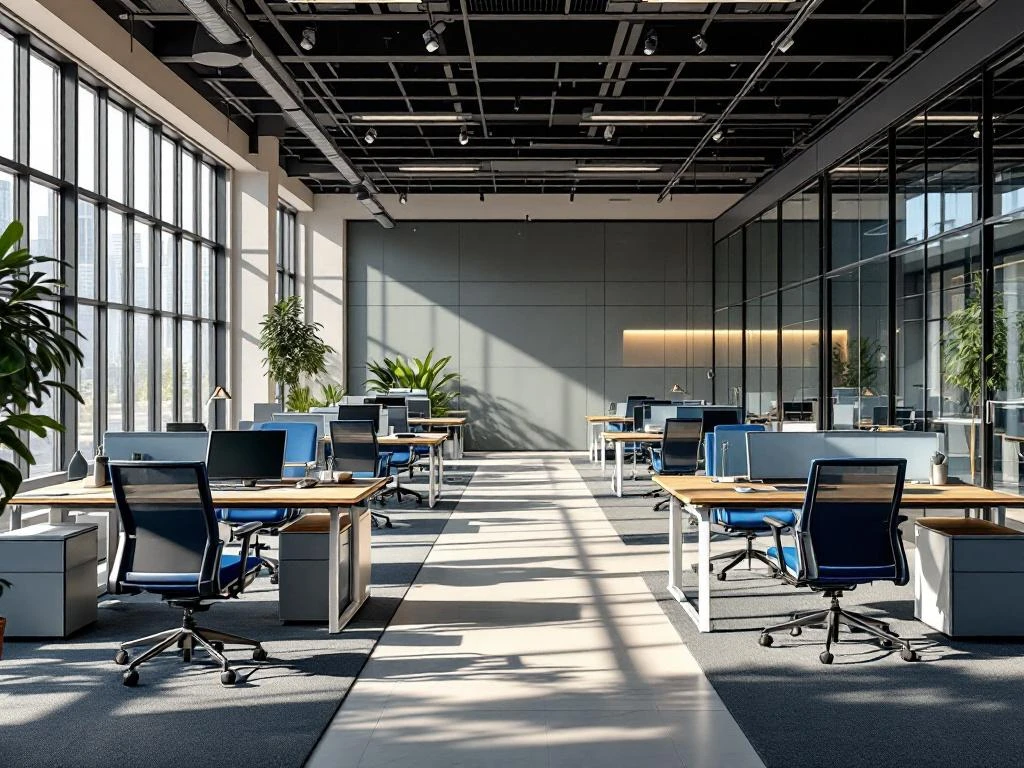 Modern office space with modular desks, ergonomic chairs, glass partitions, and natural lighting showcasing flexible workspace