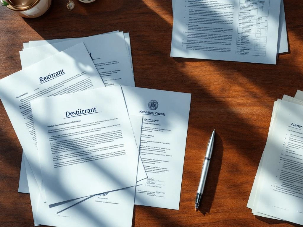 Rental documents and property contracts organized on mahogany desk with silver pen for real estate consultation