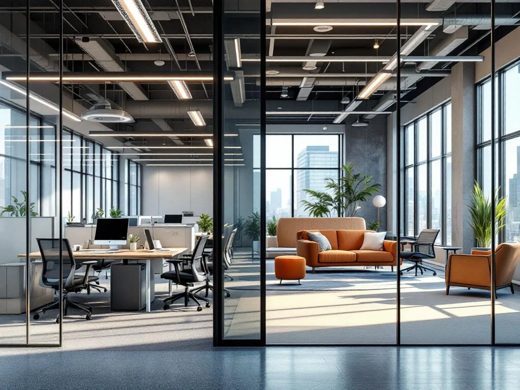 Split-screen office interior comparing traditional cubicles with fluorescent lighting to modern flexible workspace with natural light and collaborative zones.