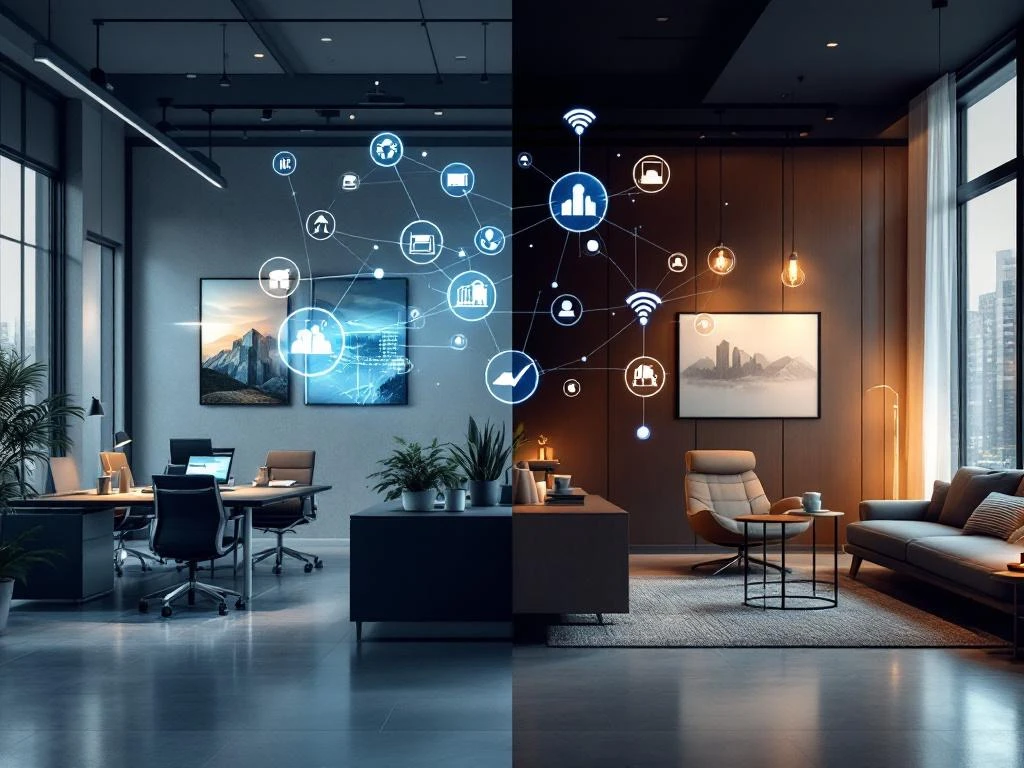 Modern office split diagonally showing corporate workspace and home office connected by floating digital icons