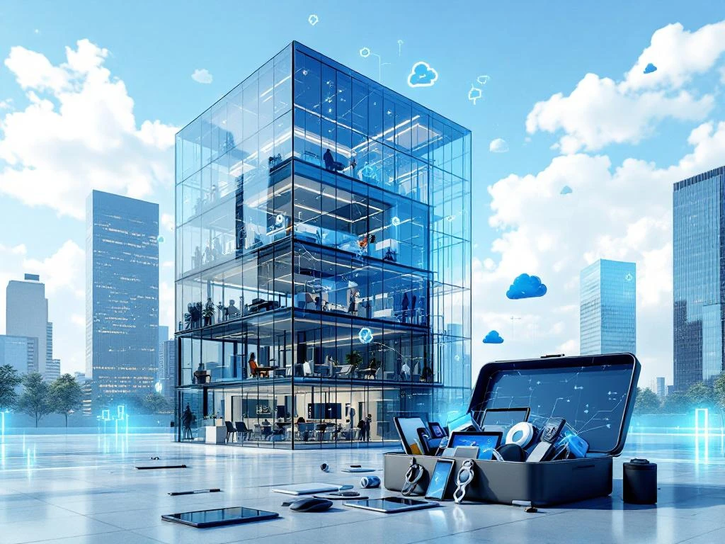 Modern glass office building with hybrid workspaces and digital connectivity symbols, tech toolbox in foreground