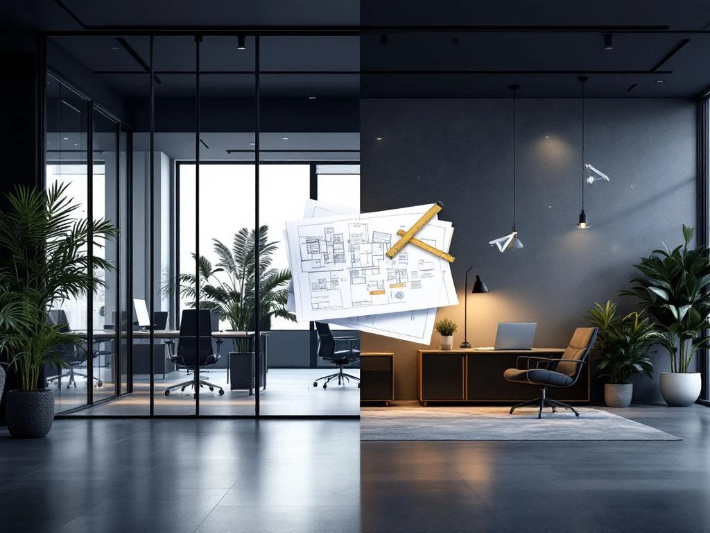Split-screen hybrid work environment showing modern office with glass partitions and home office with laptop and plants