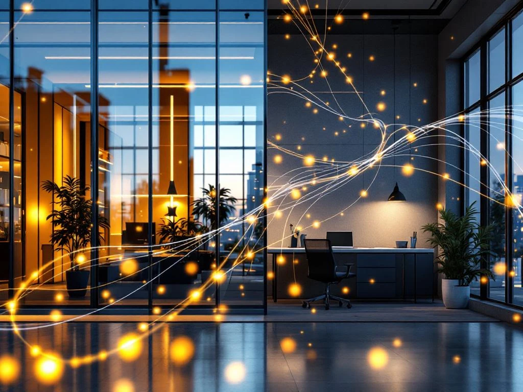 Split-screen showing modern glass office building and home office setup connected by digital light trails