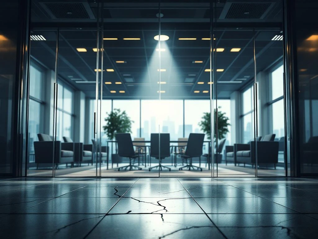Modern office conference room with glass walls showing safety hazards: cracked floor, flickering lights, water leak, poor ventilation.
