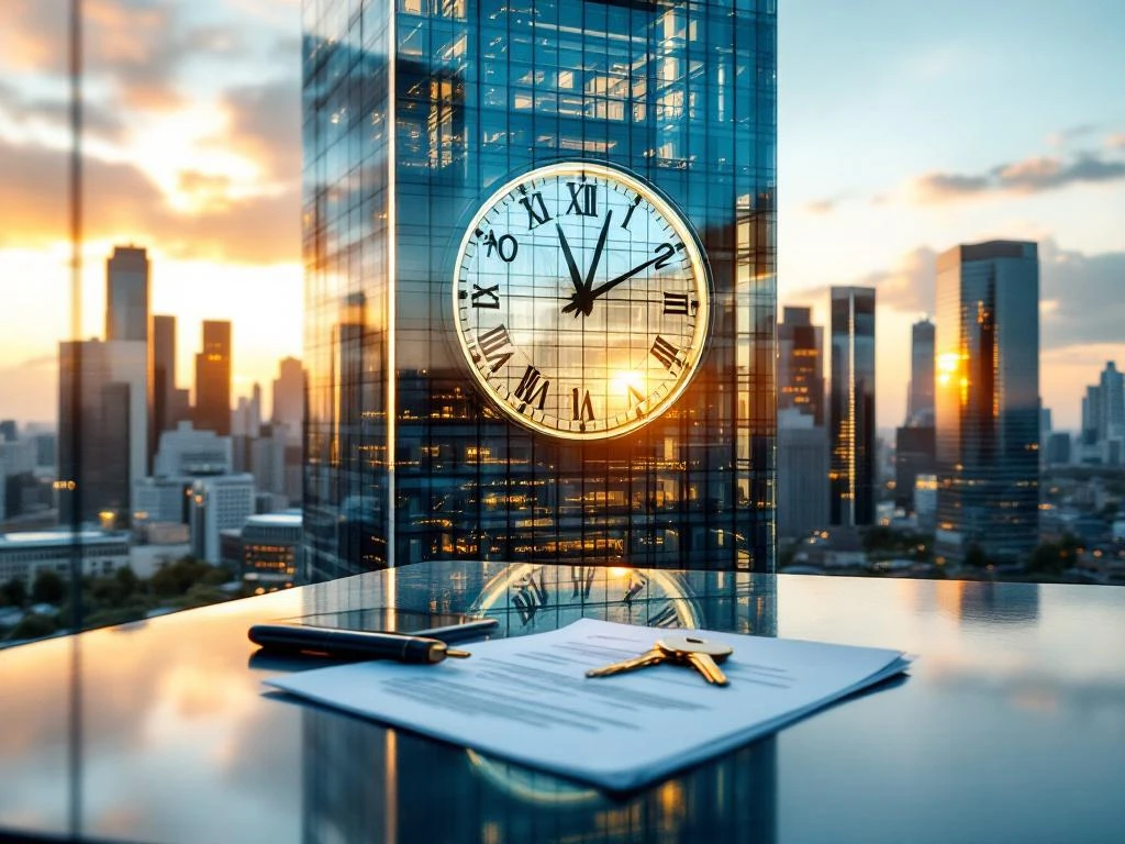 Modern glass office building with integrated clock face during golden hour, rental documents and keys on desk below