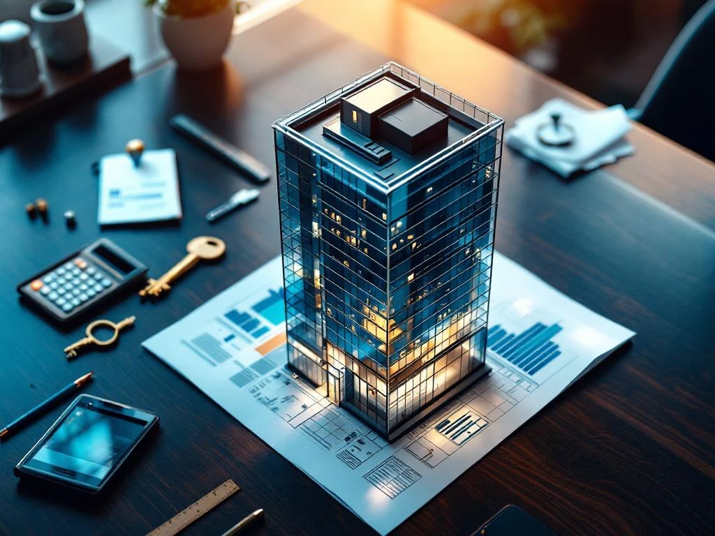 Modern glass office building architectural model on wooden table surrounded by rental factor symbols including key, calculator, and clock
