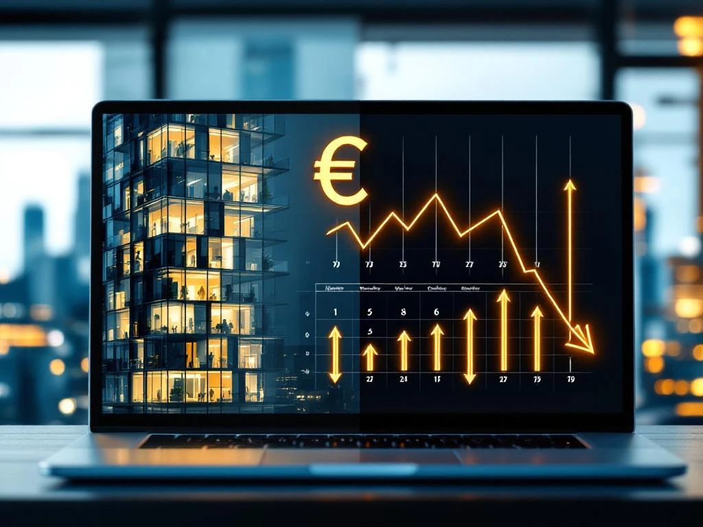 Split-screen showing half-lit office building next to calculator with Euro symbols and downward arrows, laptop with hybrid work calendar in foreground
