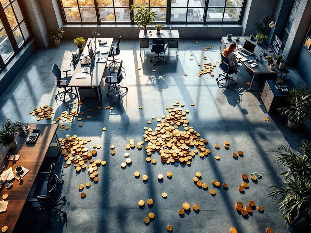 Modern office space viewed from above with scattered euro coins and banknotes on floor, desks, chairs, and lease documents