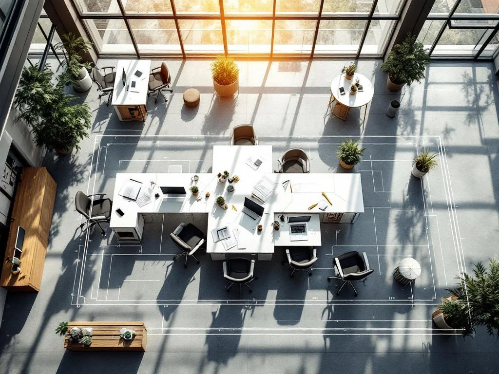 Aerial view of modern open-plan office with measured workspace zones, white desks, ergonomic chairs, and architectural blueprints