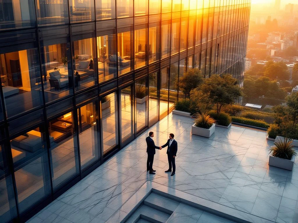 Two business professionals shaking hands on marble terrace with luxury glass office building reflecting golden sunlight