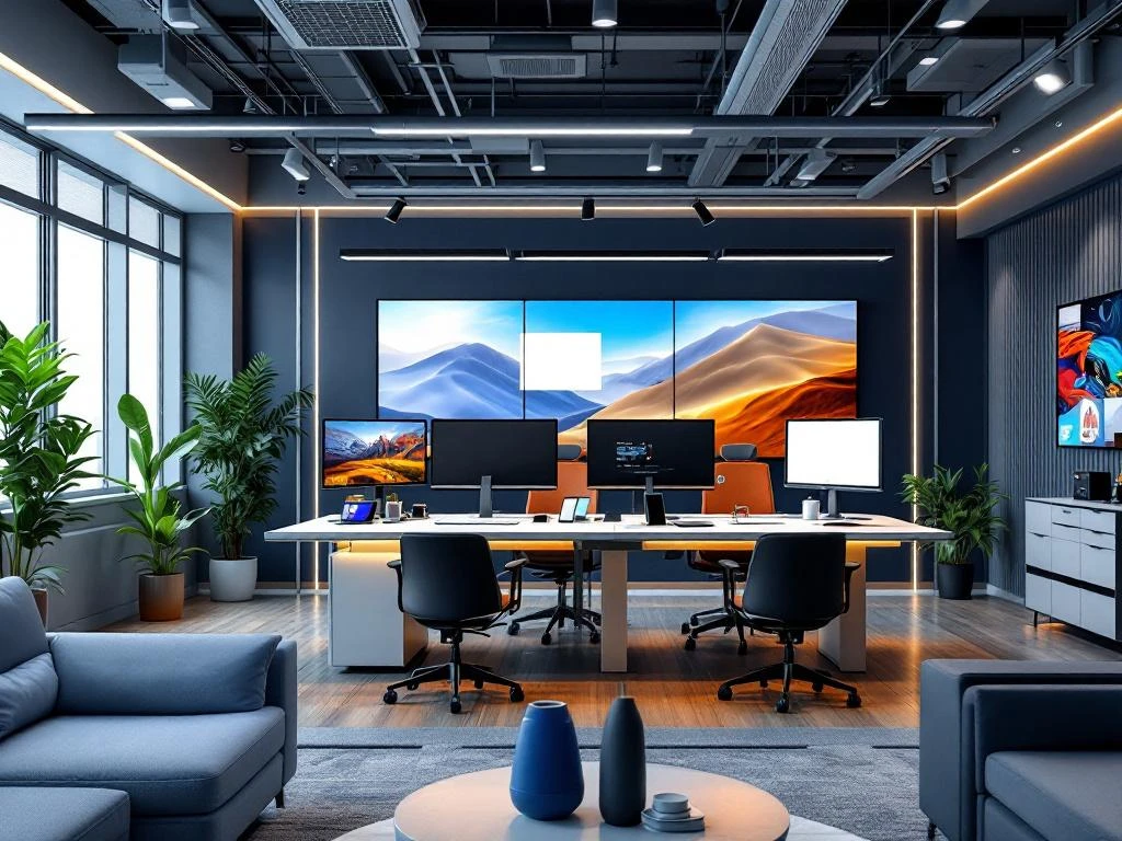 Modern hybrid office workspace with adjustable desks, ergonomic chairs, dual monitors, and video conferencing equipment.
