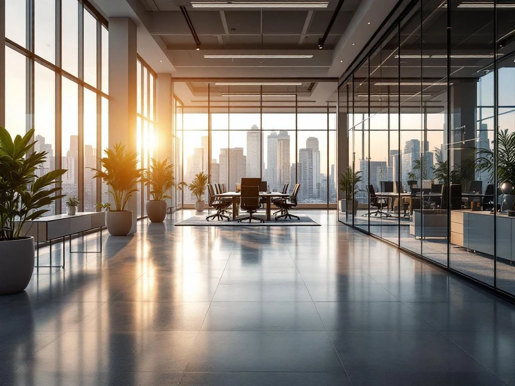 Modern open-plan office with glass walls, contemporary furniture, natural light, and polished concrete floors.