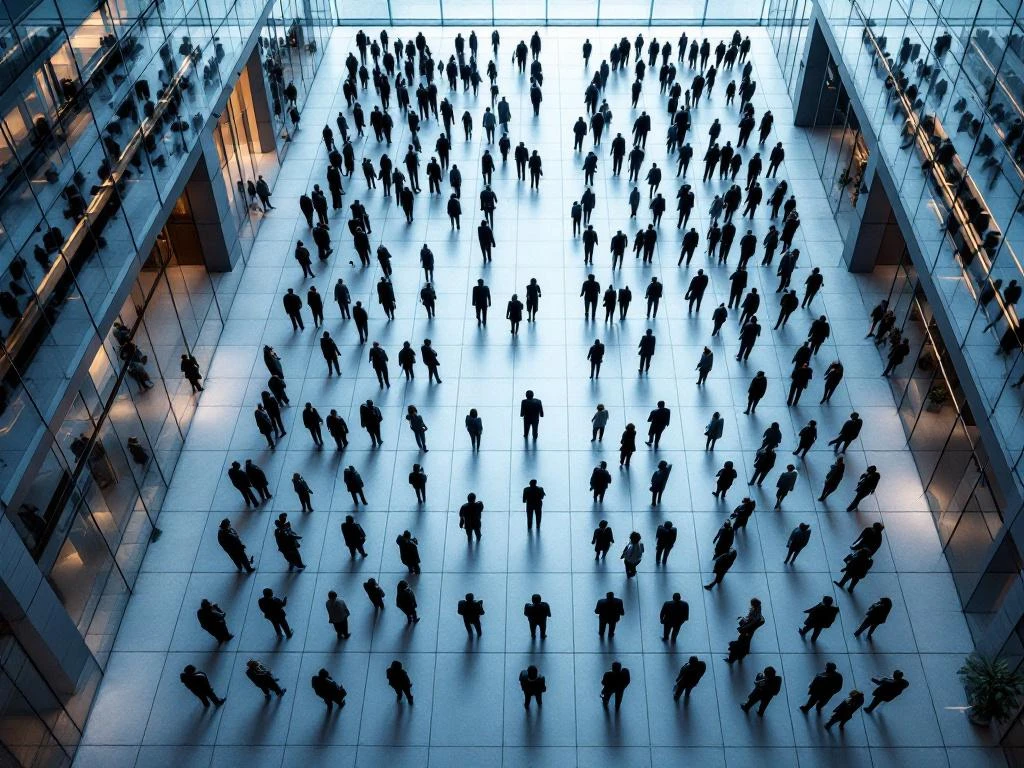 Aerial view of 100 square meter space with people silhouettes in organized rows demonstrating maximum capacity planning