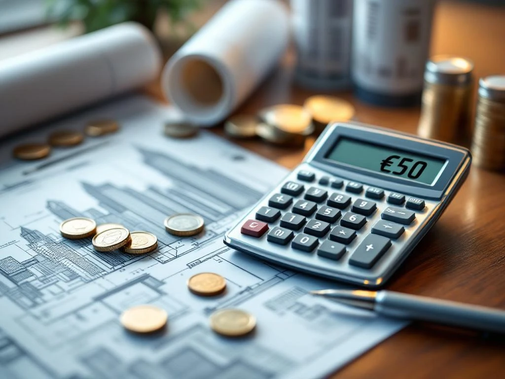 Calculator met eurosymbool op mahonie bureau met bankbiljetten, munten en architecturale tekeningen voor vastgoed