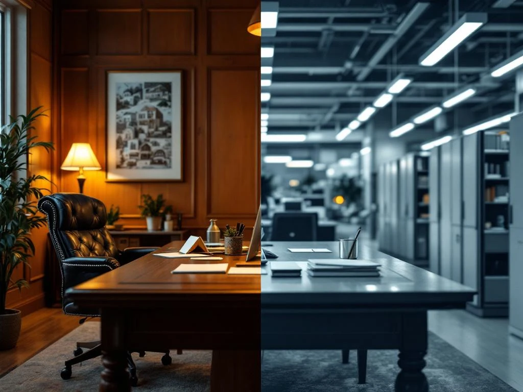 Split-screen vergelijking van warme boutique vastgoedkantoor met houten bureau versus kille corporate kantoor met grijze hokjes.