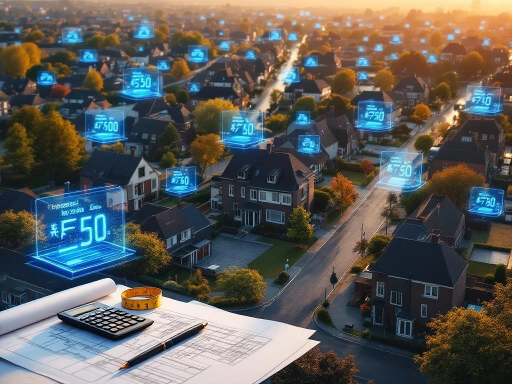 Luchtfoto van moderne Nederlandse woonwijk met huizenprijzen per vierkante meter en bouwplannen op voorgrond