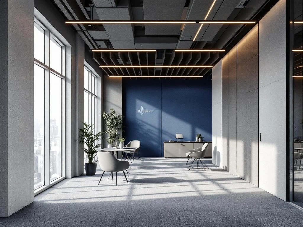 Modern office interior with acoustic sound-absorbing wall panels, ceiling baffles, and natural lighting creating workspace comfort