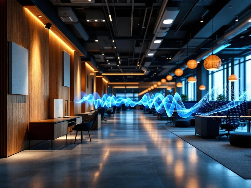 Modern open-plan kantoor met houten akoestische panelen, plafondbaffles en zichtbare geluidsgolven tussen werkplekken