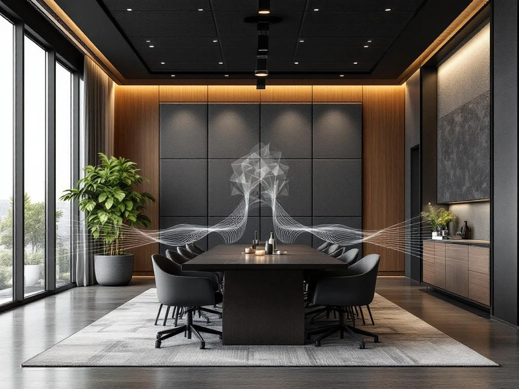 Modern office conference room with acoustic panels on walls and ceiling, featuring contemporary furniture and sound wave visualizations.