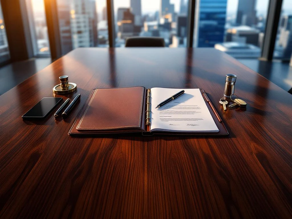 Open contract folder with signed legal documents and fountain pens on mahogany conference table, city office view background