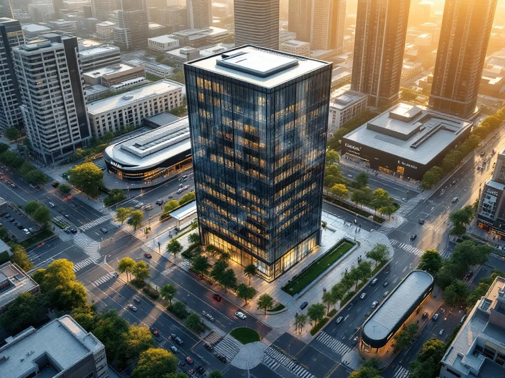 Moderne glazen kantoorgebouw op stedelijke kruising met metrostation, winkelcentrum en woontorens tijdens gouden uur