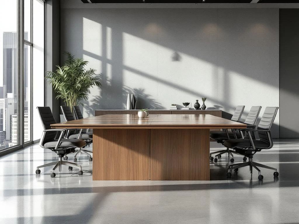 Modern conference table with ergonomic chairs in sophisticated office meeting room with floor-to-ceiling windows