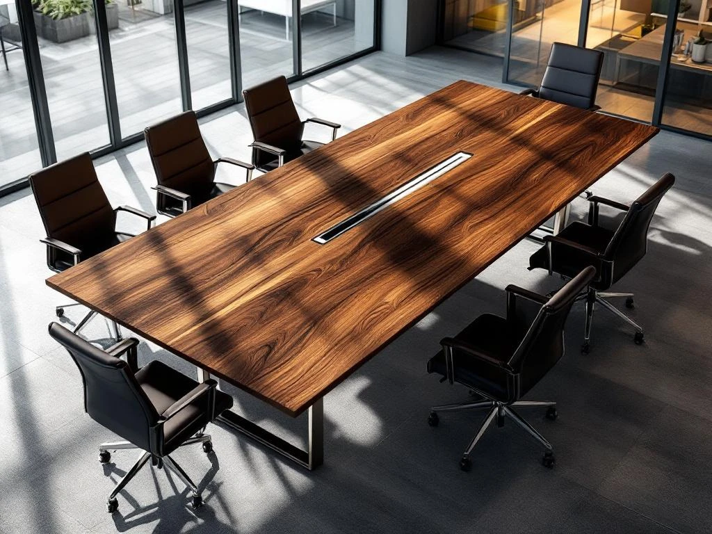 Elegant walnut conference table with metal legs surrounded by leather executive chairs in modern office with natural lighting.