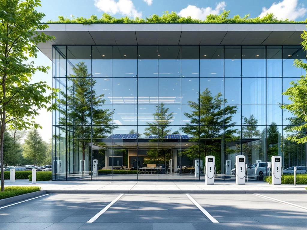 Modern sustainable office building with glass windows, solar panels, green walls, and electric vehicle charging stations