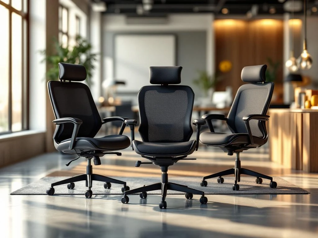 Drie luxe ergonomische bureaustoelen in moderne kantoorruimte met natuurlijk licht en strakke interieurelementen