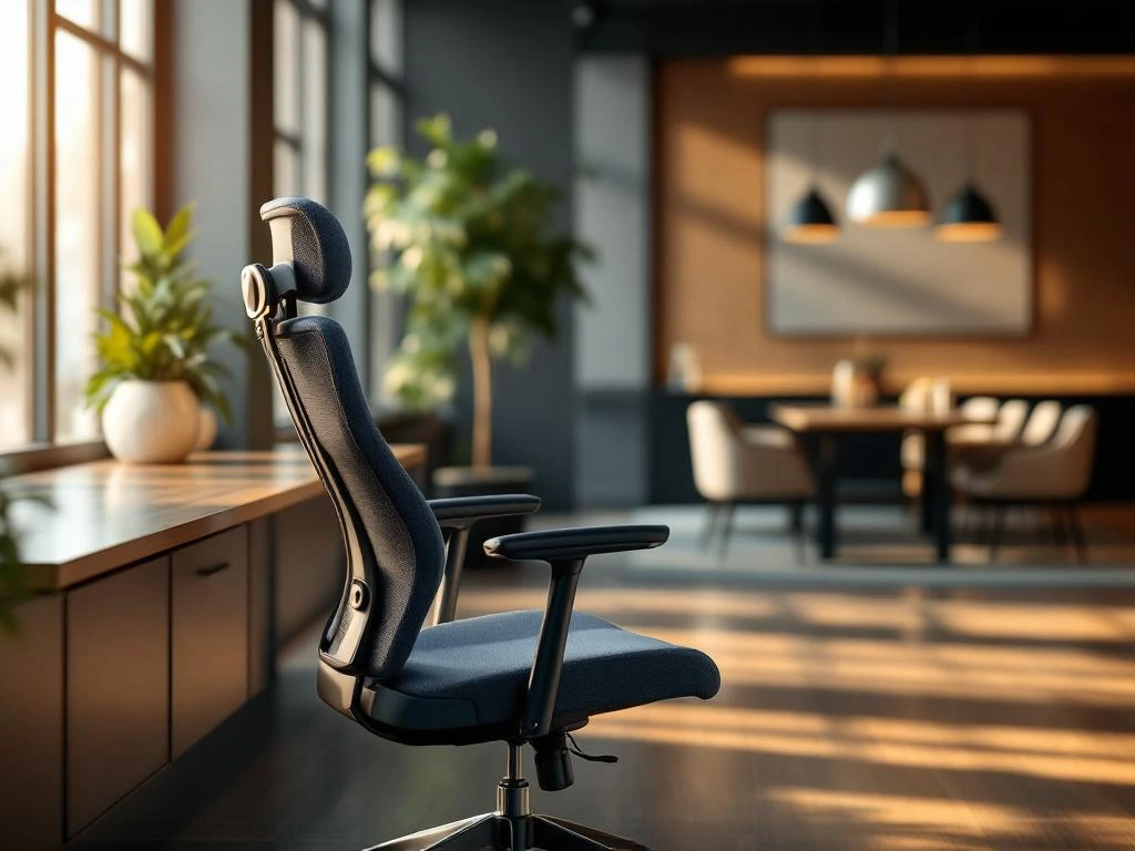 Ergonomic office chair at adjustable standing desk in modern workspace with natural lighting and conference table