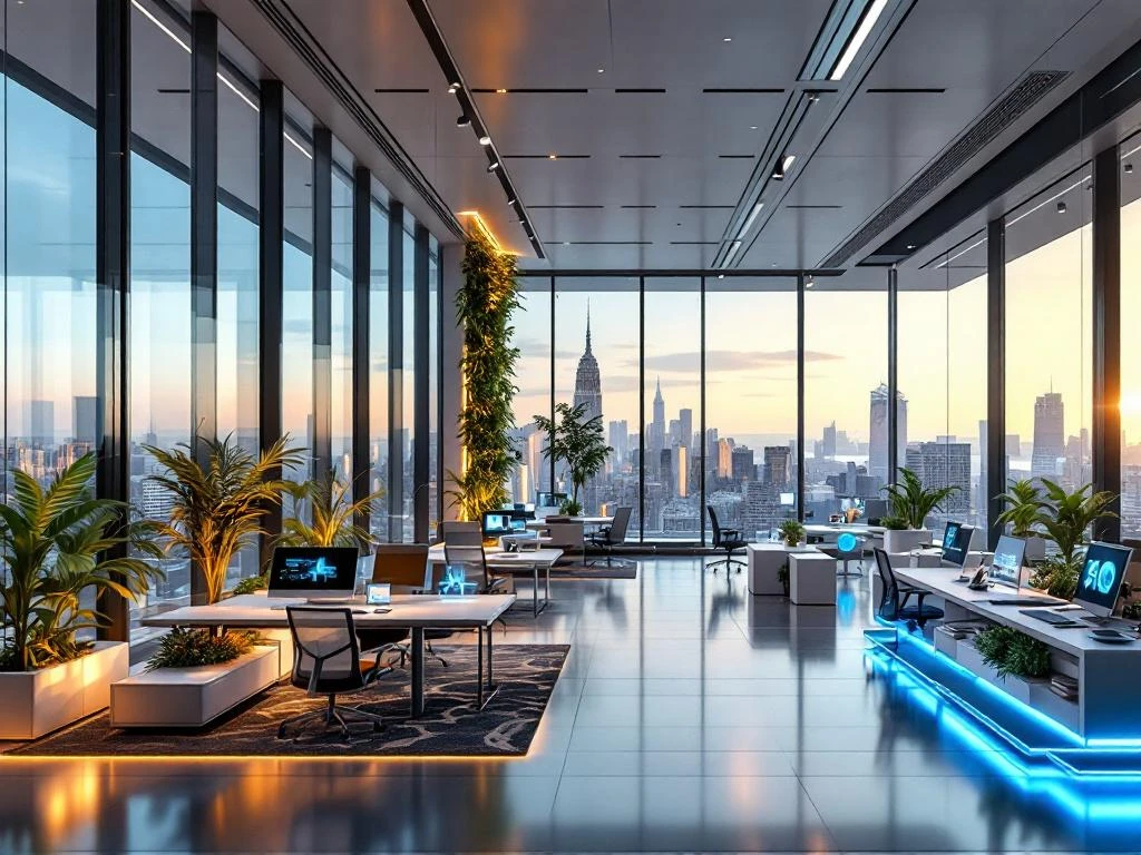 Futuristic office interior with modular furniture, holographic displays, smart glass windows, and vertical gardens in modern workspace