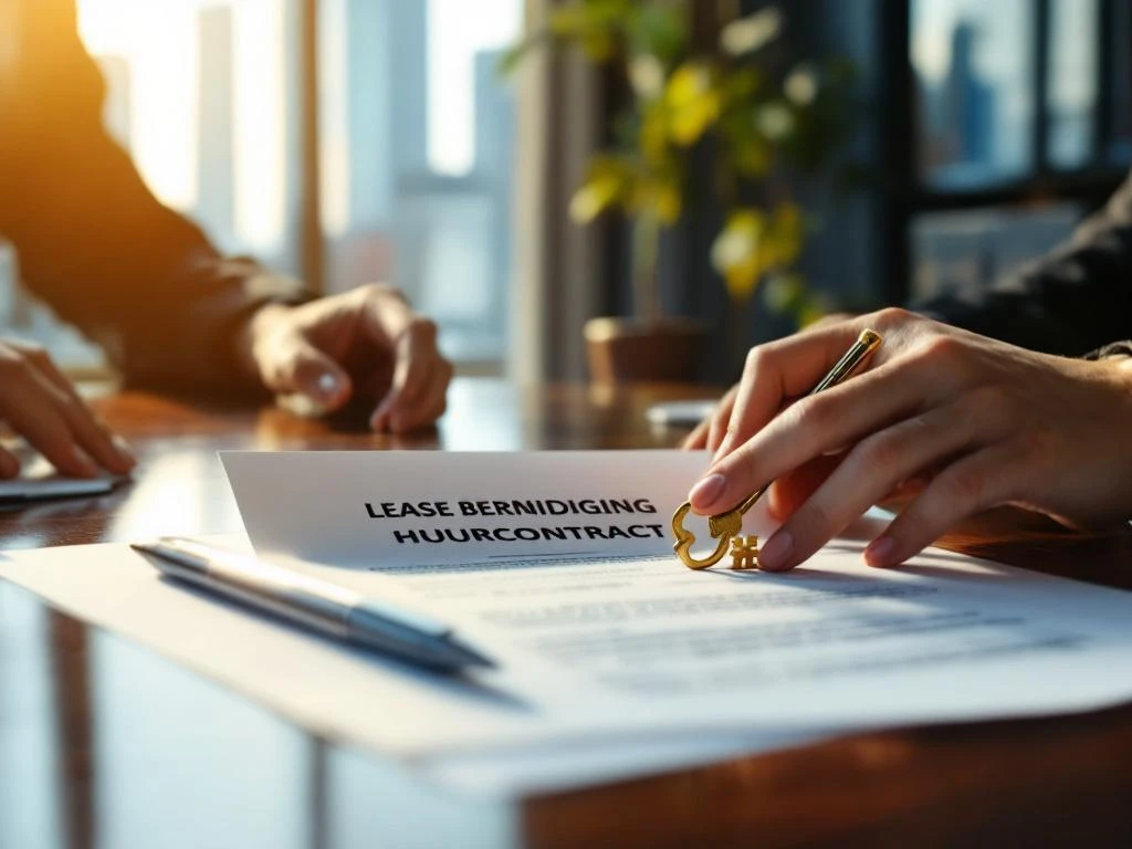 Handen plaatsen gouden sleutel op huurcontract beëindiging document op mahonie bureau in modern kantoor