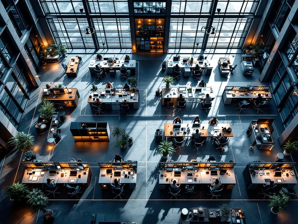Aerial view of modern open-plan office with 60 empty workstations, glass partitions, and natural light from windows