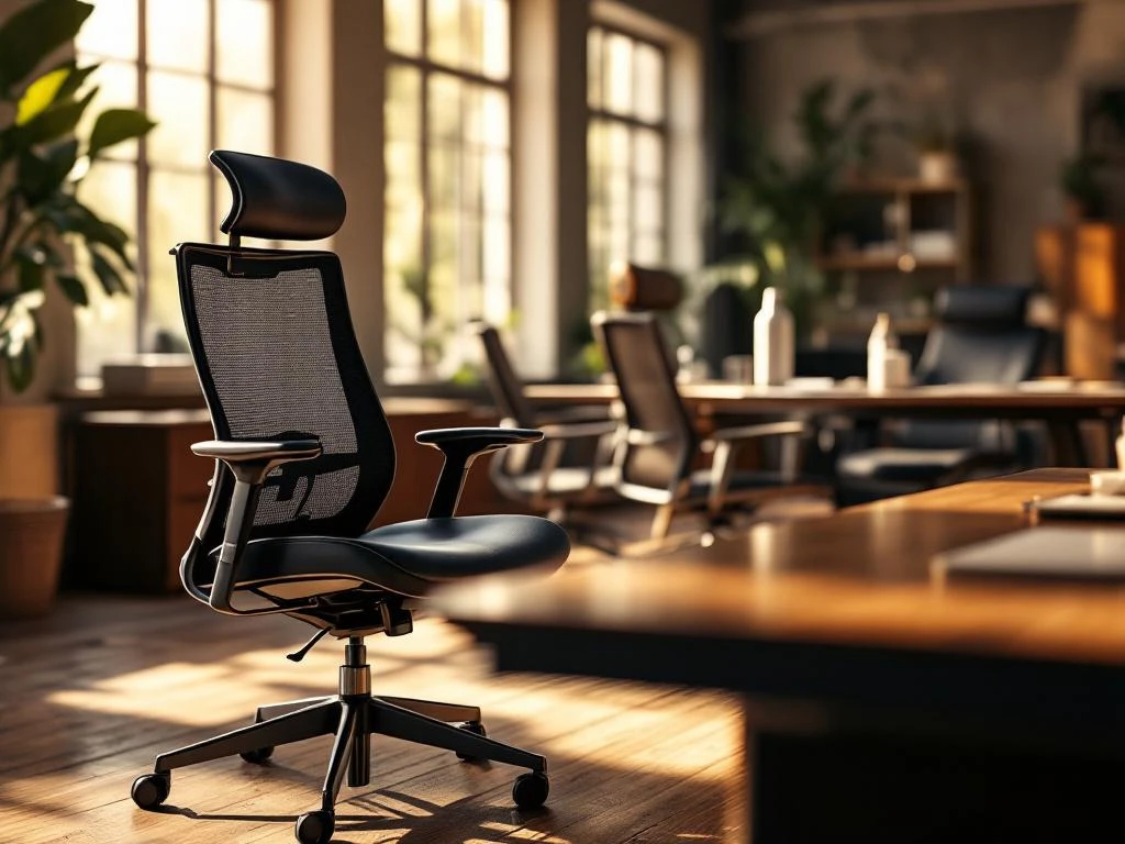 Office furniture lifecycle from new ergonomic chair and wooden desk to worn leather pieces in naturally lit workspace