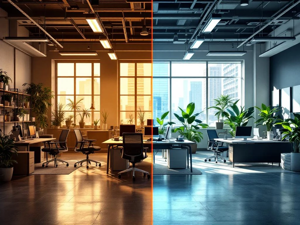 Modern office split showing cluttered, dimly lit workspace on left versus bright, organized space with plants and ergonomic furniture on right