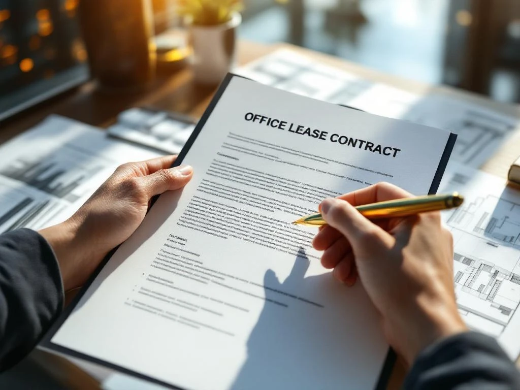 Hands holding office lease contract with golden pen, surrounded by blueprints and modern office building reflections