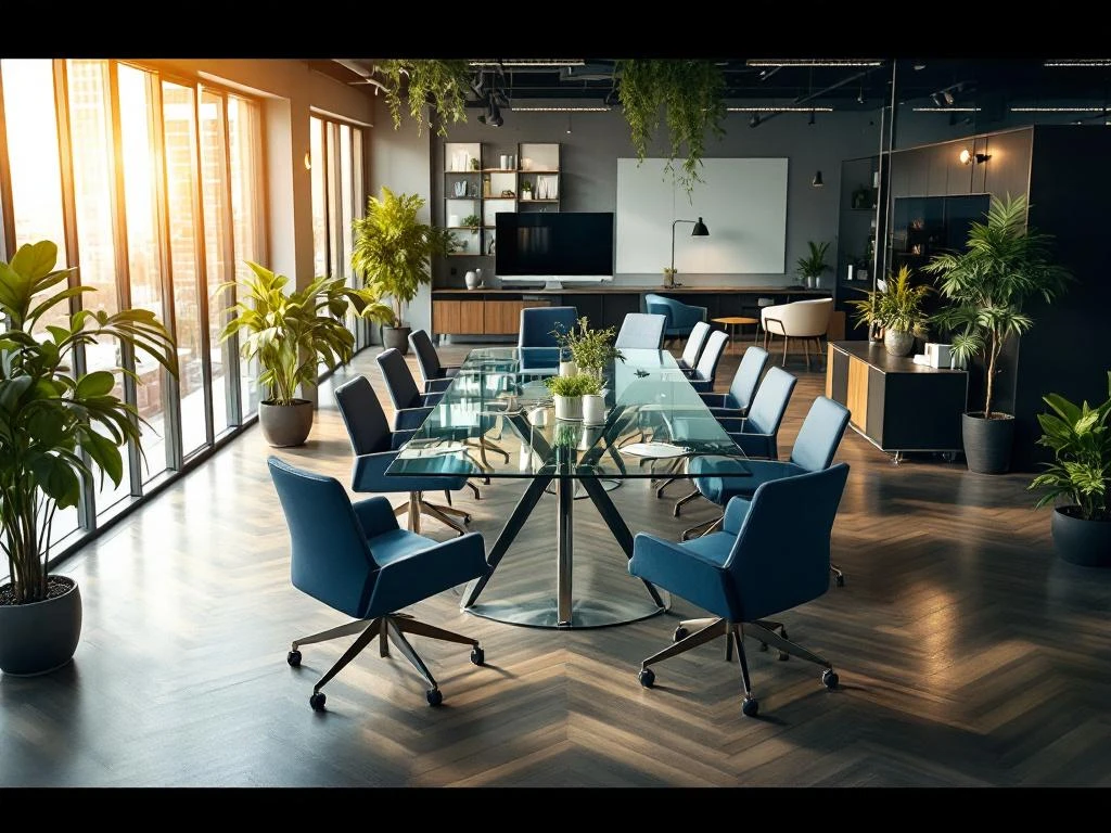 Modern office conference room with glass table, ergonomic chairs, floor-to-ceiling windows, and green plants