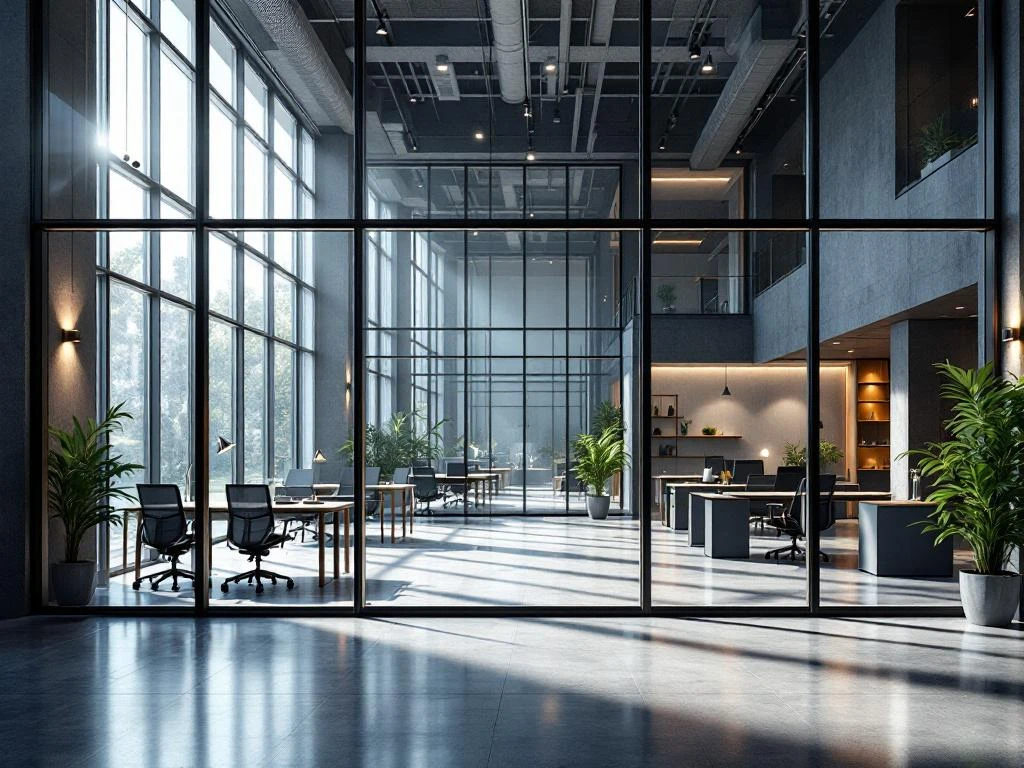Modern glass office building interior with empty workspaces, contemporary furniture, and natural light streaming through windows.