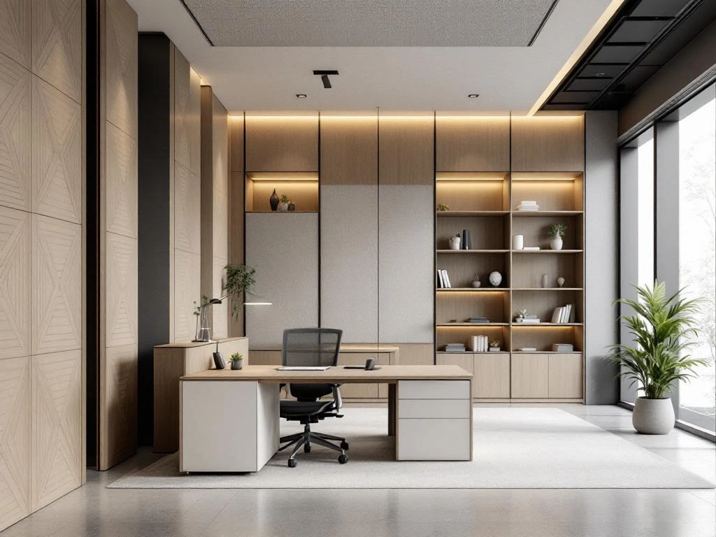 Modern office interior with wooden acoustic panels, ergonomic furniture, and integrated sound-absorbing design elements.