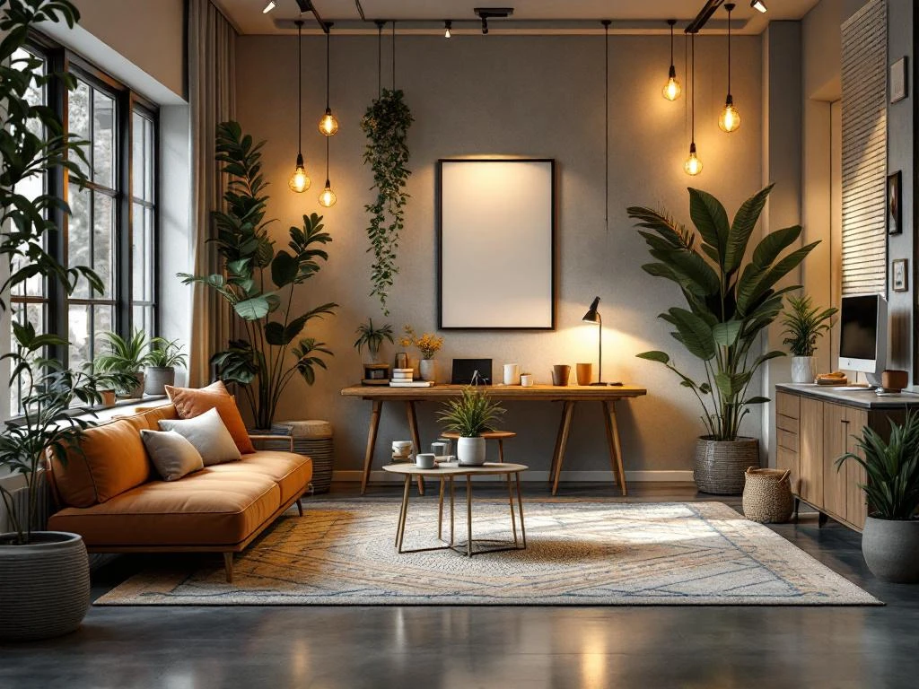 Modern cozy office interior with warm lighting, comfortable seating, plants, coffee station, and natural wood accents.