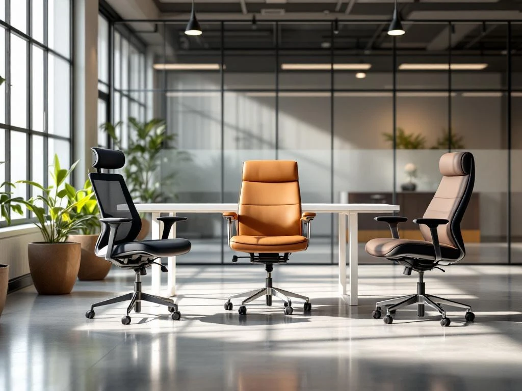 Modern office interior with three contemporary chairs around white minimalist desk, featuring natural lighting and glass partitions.