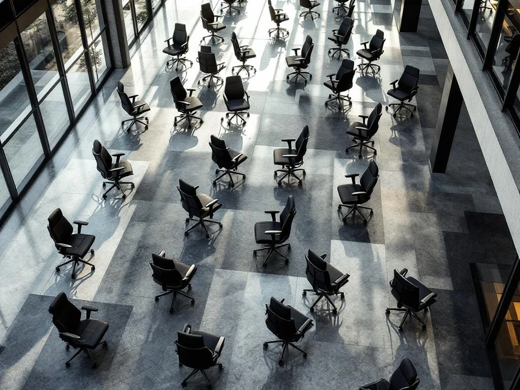 Aerial view of modern open-plan office with rows of ergonomic black and gray chairs on polished concrete floors