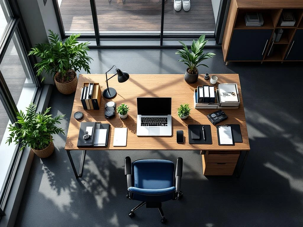 Modern office workspace from above with ergonomic chair, laptop, plants, and wooden desk in natural light