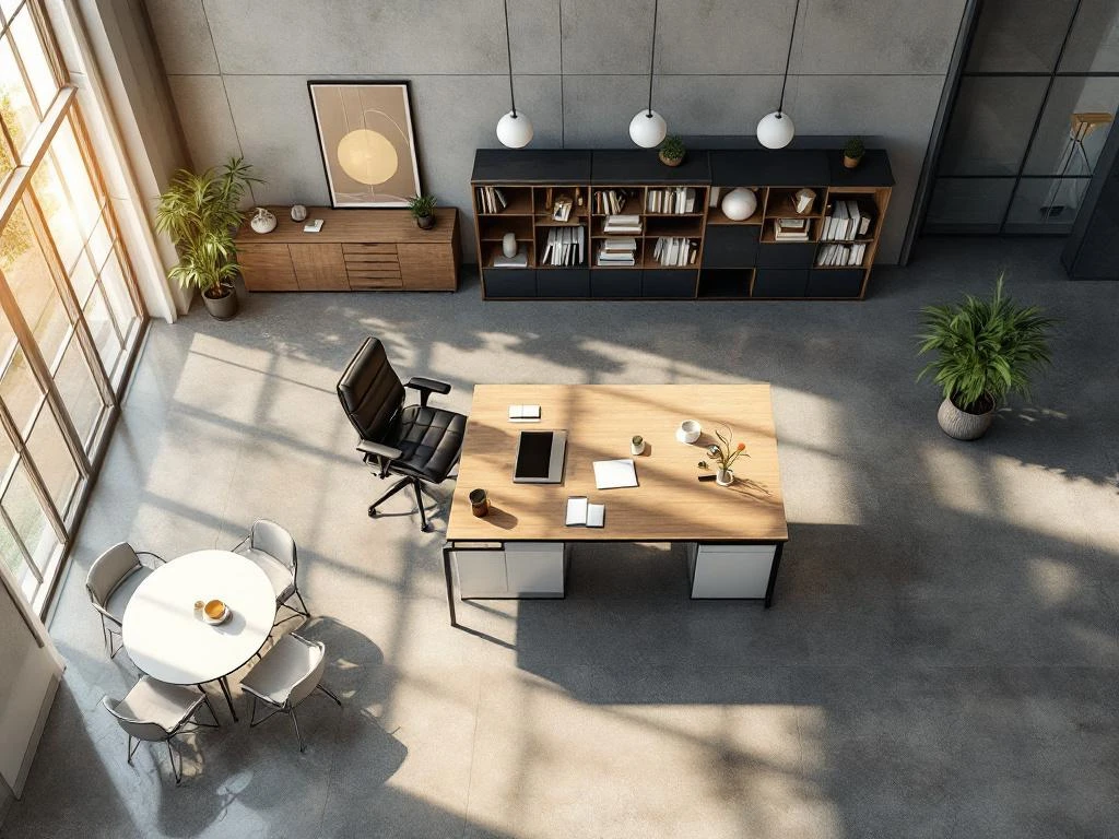 Modern office workspace with executive desk, ergonomic chair, bookshelf, and meeting table on concrete floors with natural lighting.